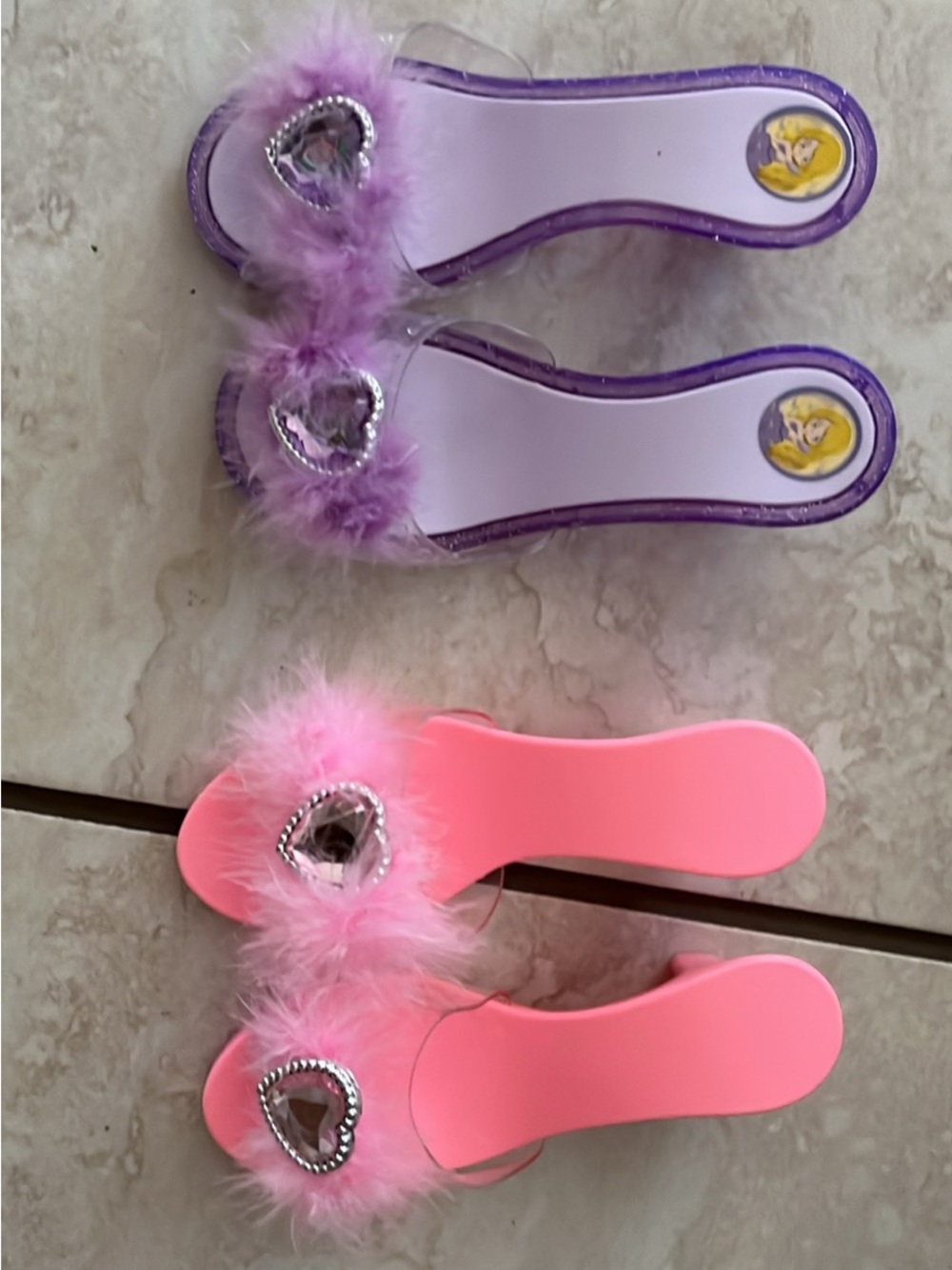 Girls Plush Heart Gem Slide Sandals - Pink and Purple